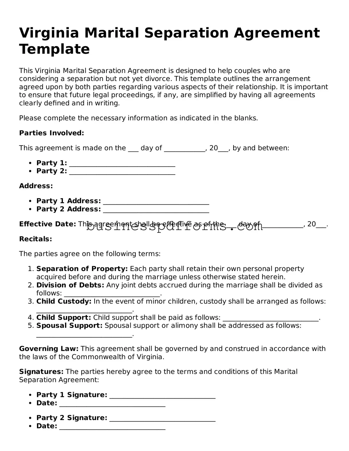 Free Virginia Marital Separation Agreement Template