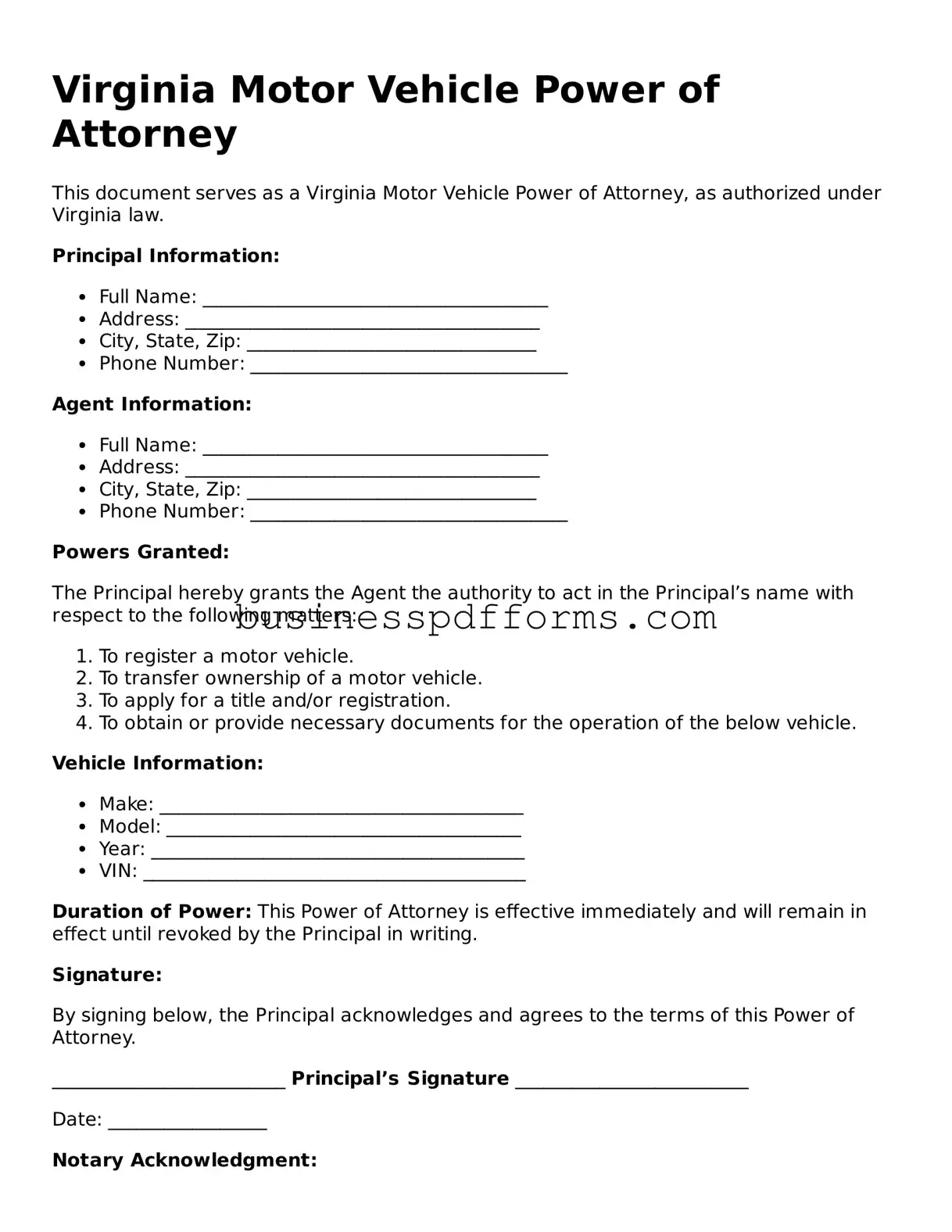 Free Virginia Motor Vehicle Power of Attorney Template