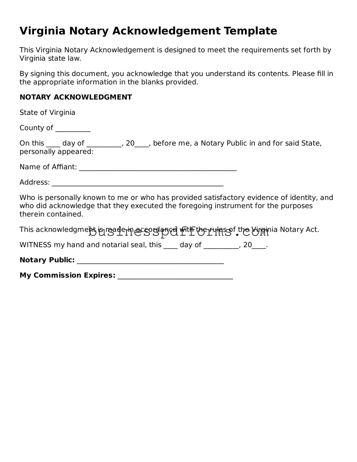 Free Virginia Notary Acknowledgement Template