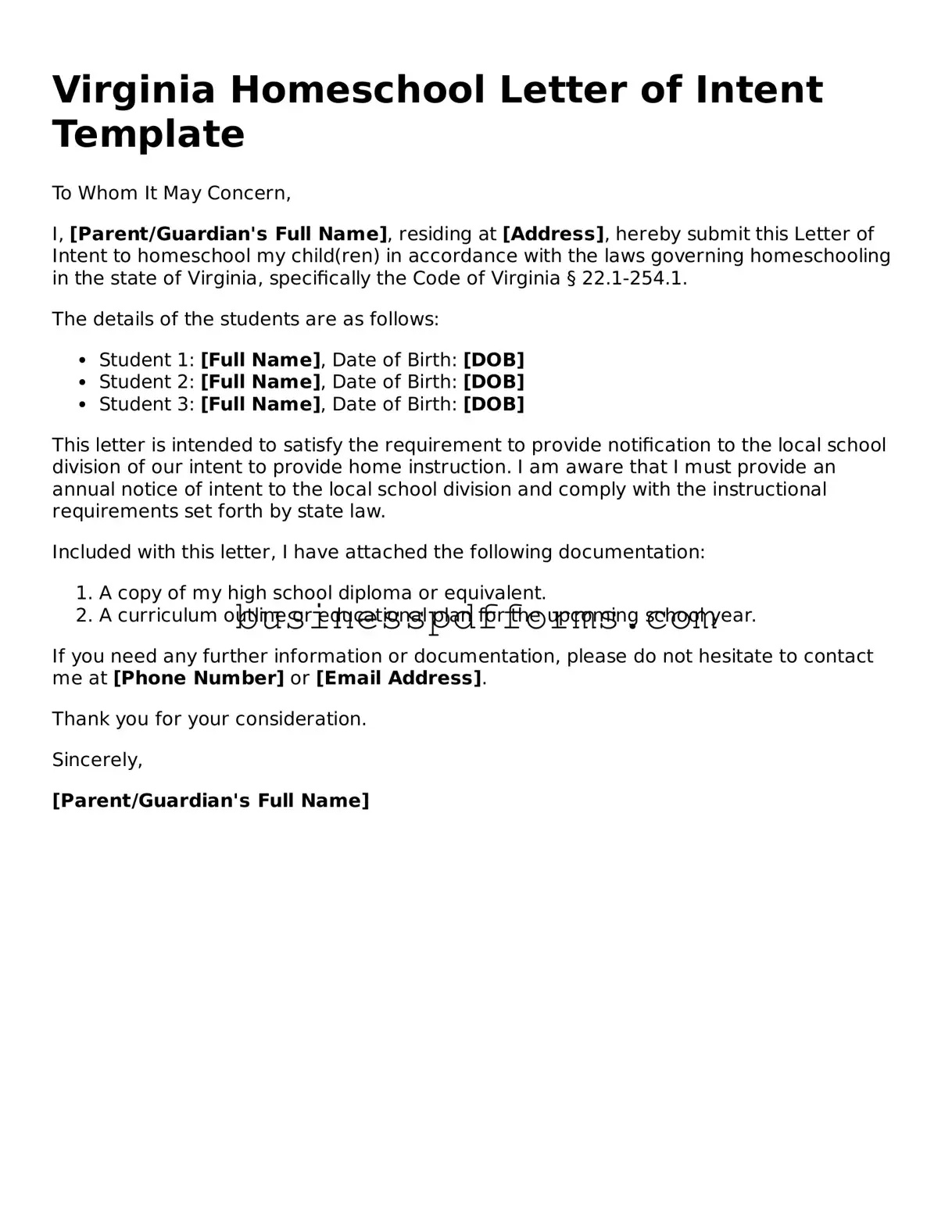 Free Virginia Homeschool Letter of Intent Template