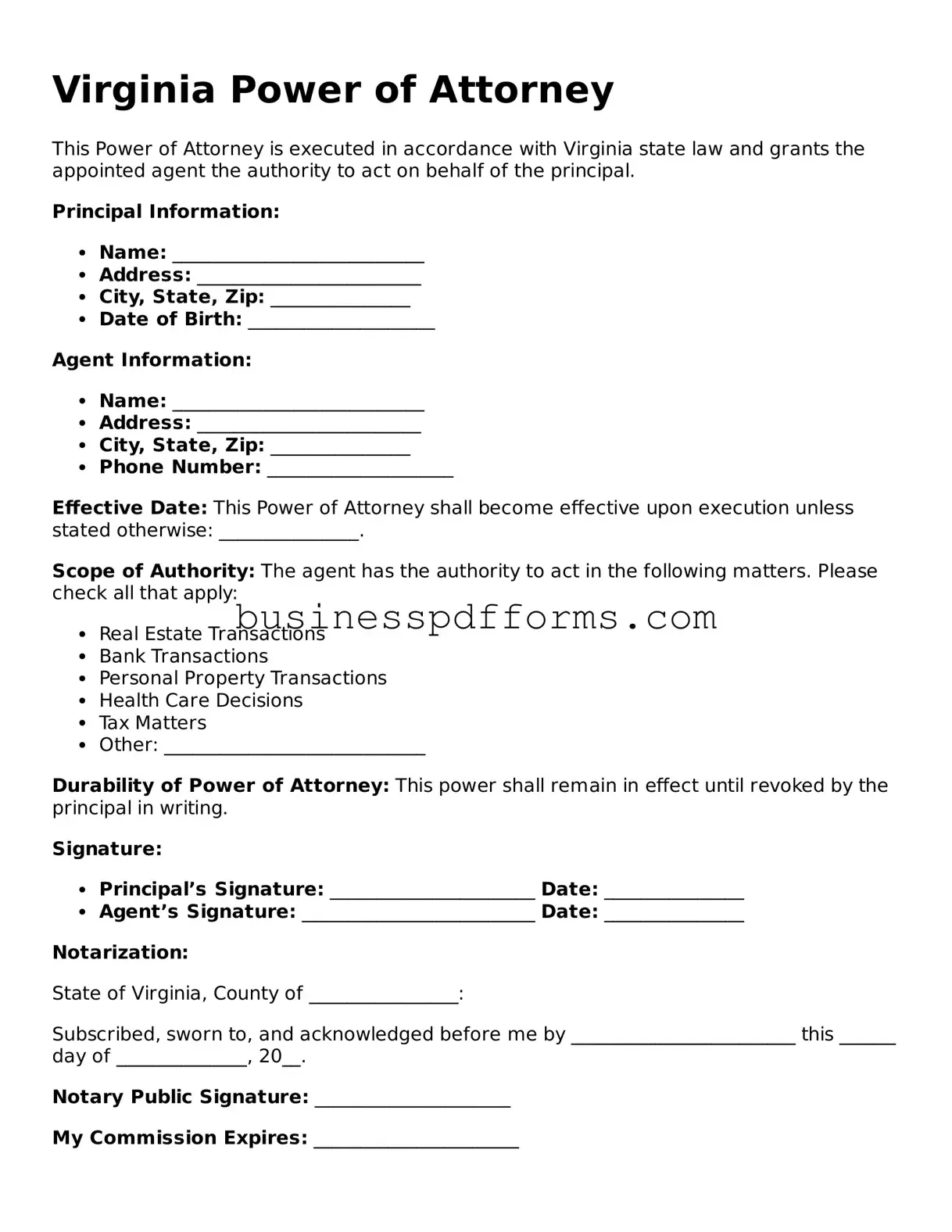 Free Virginia Power of Attorney Template