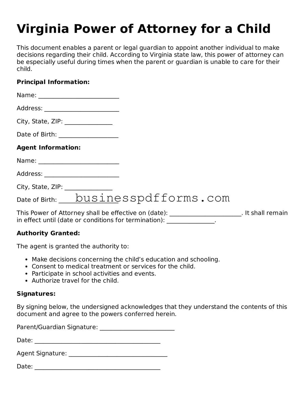 Free Virginia Power of Attorney for a Child Template