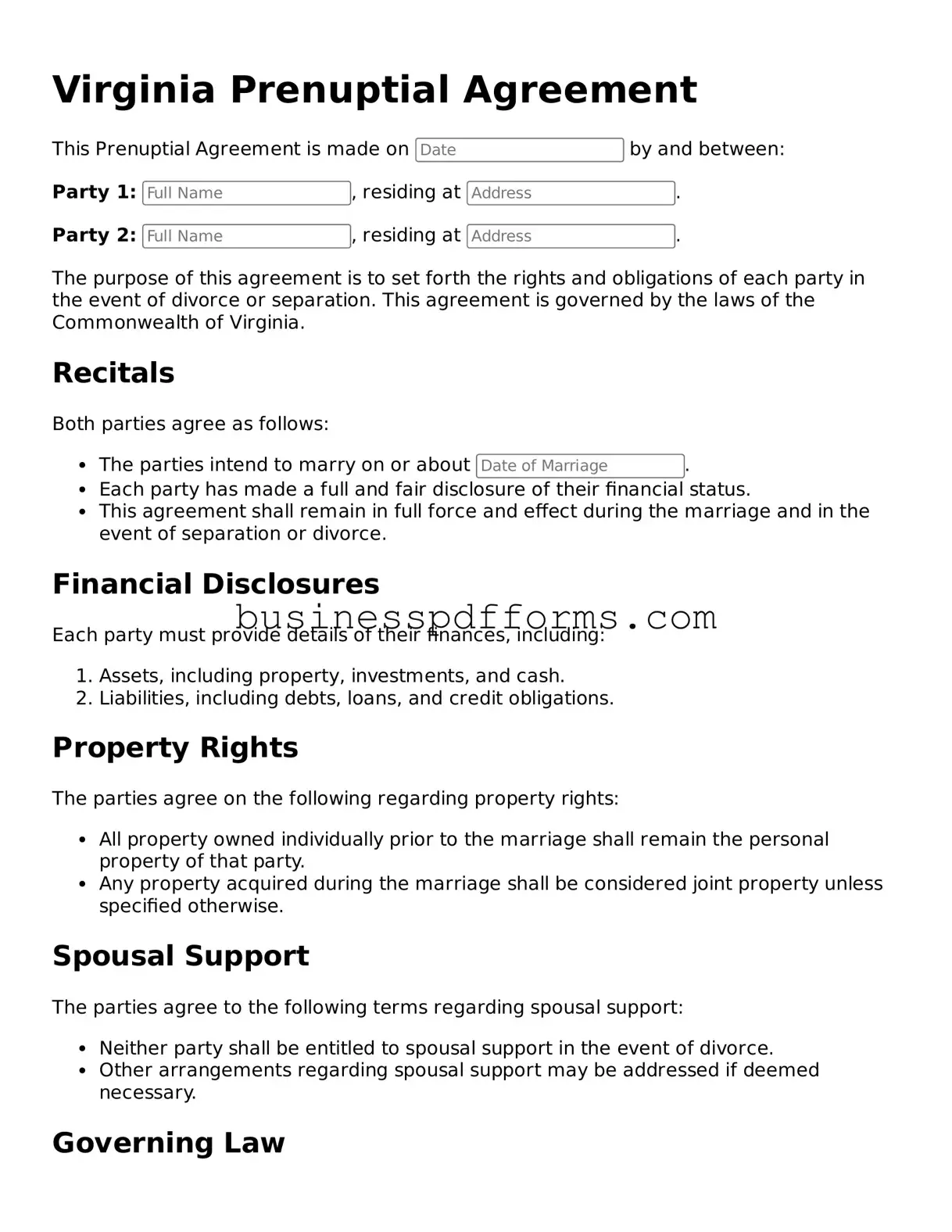 Free Virginia Prenuptial Agreement Template