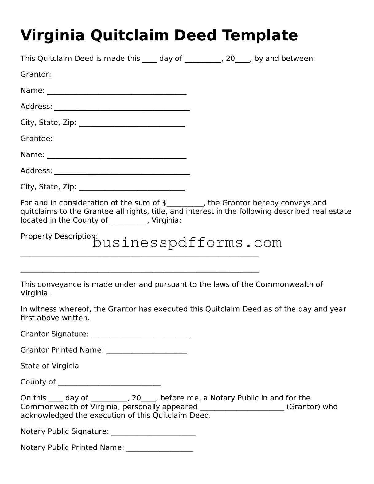Free Virginia Quitclaim Deed Template