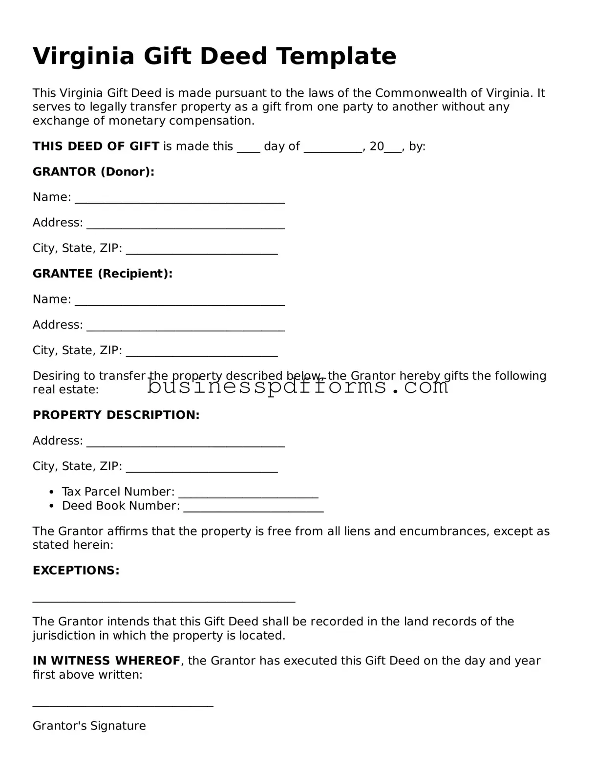 Free Virginia Gift Deed Template