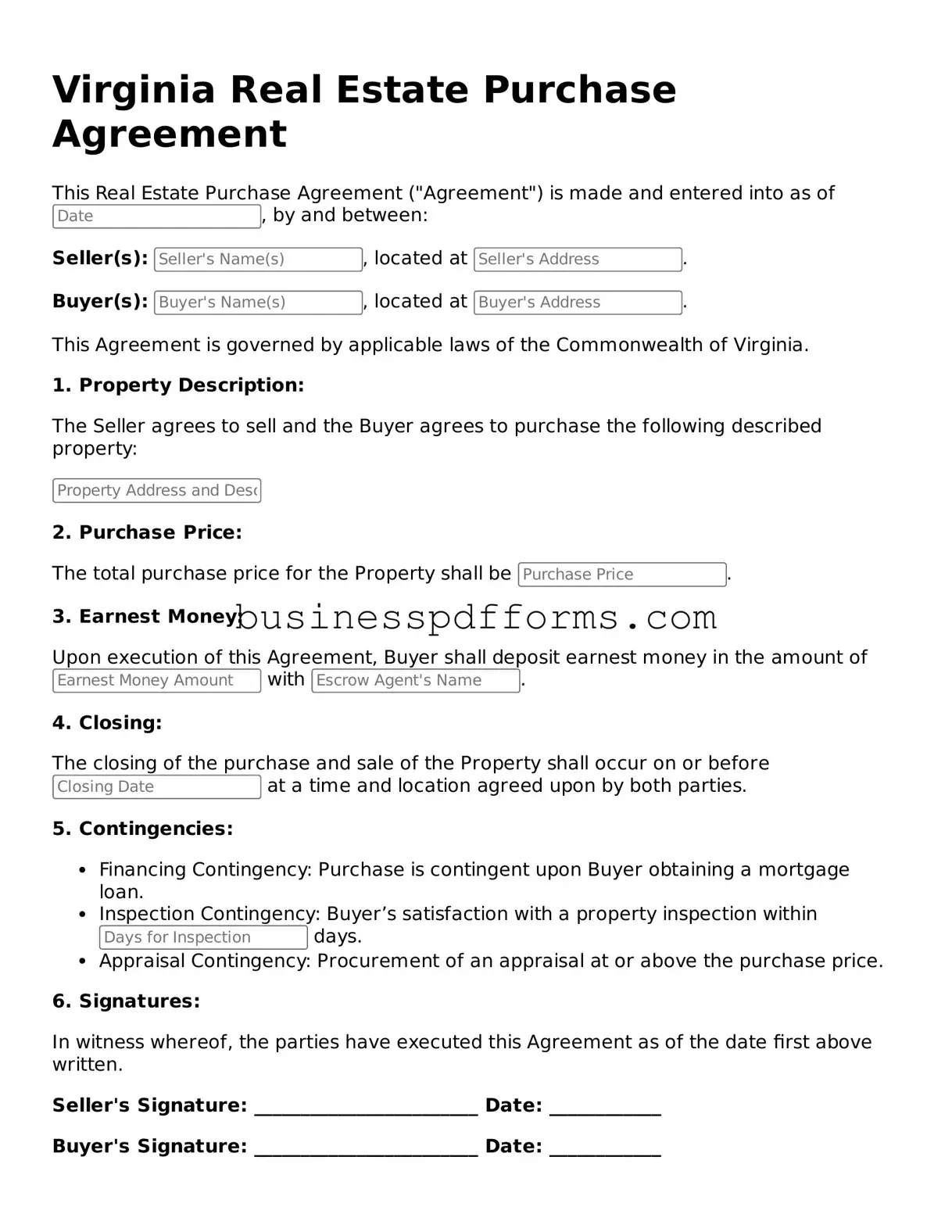 Free Virginia Real Estate Purchase Agreement Template