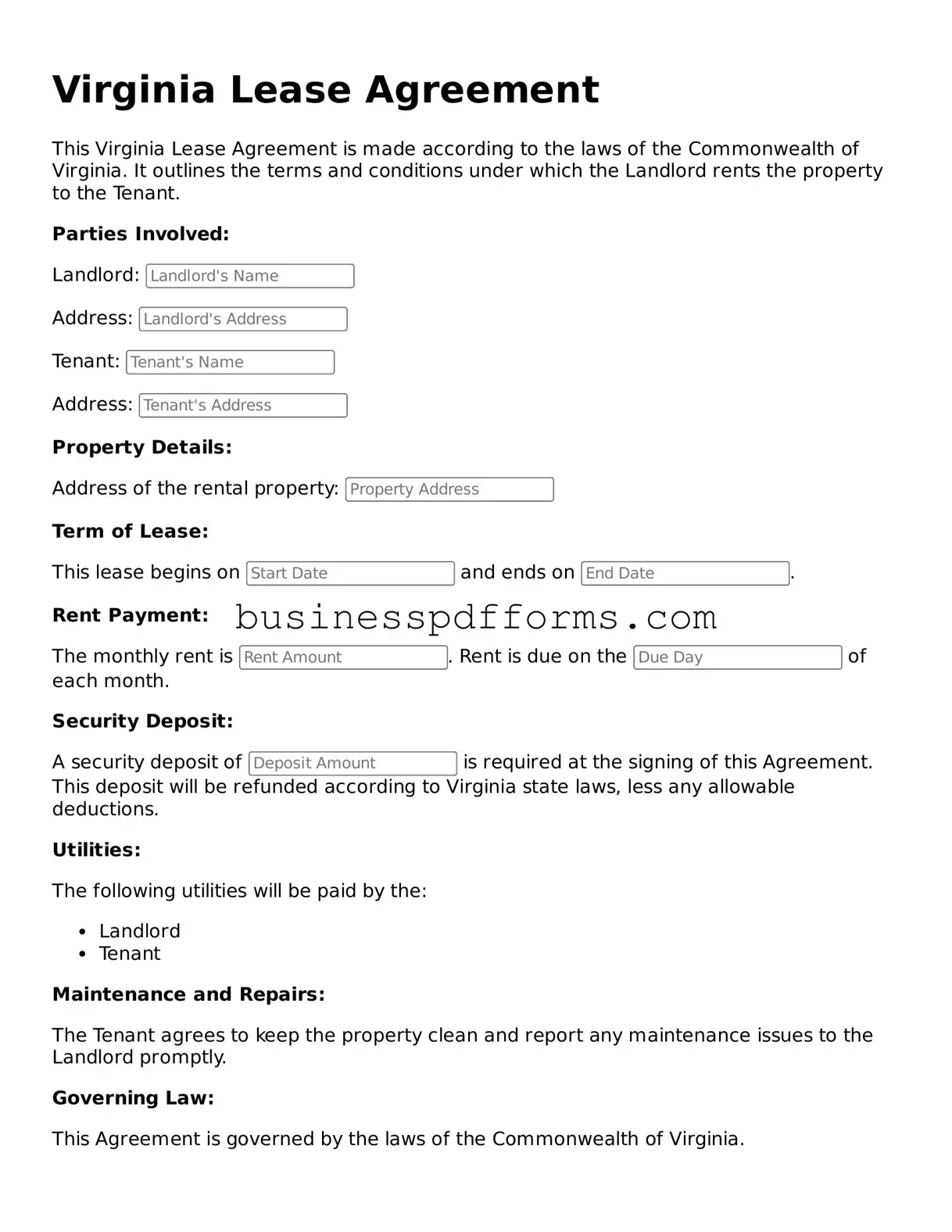 Free Virginia Lease Agreement Template