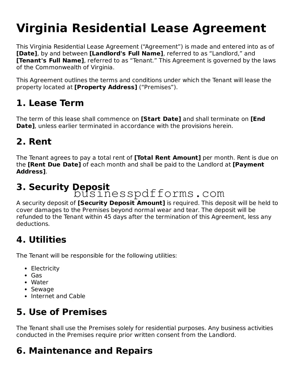Free Virginia Residential Lease Agreement Template
