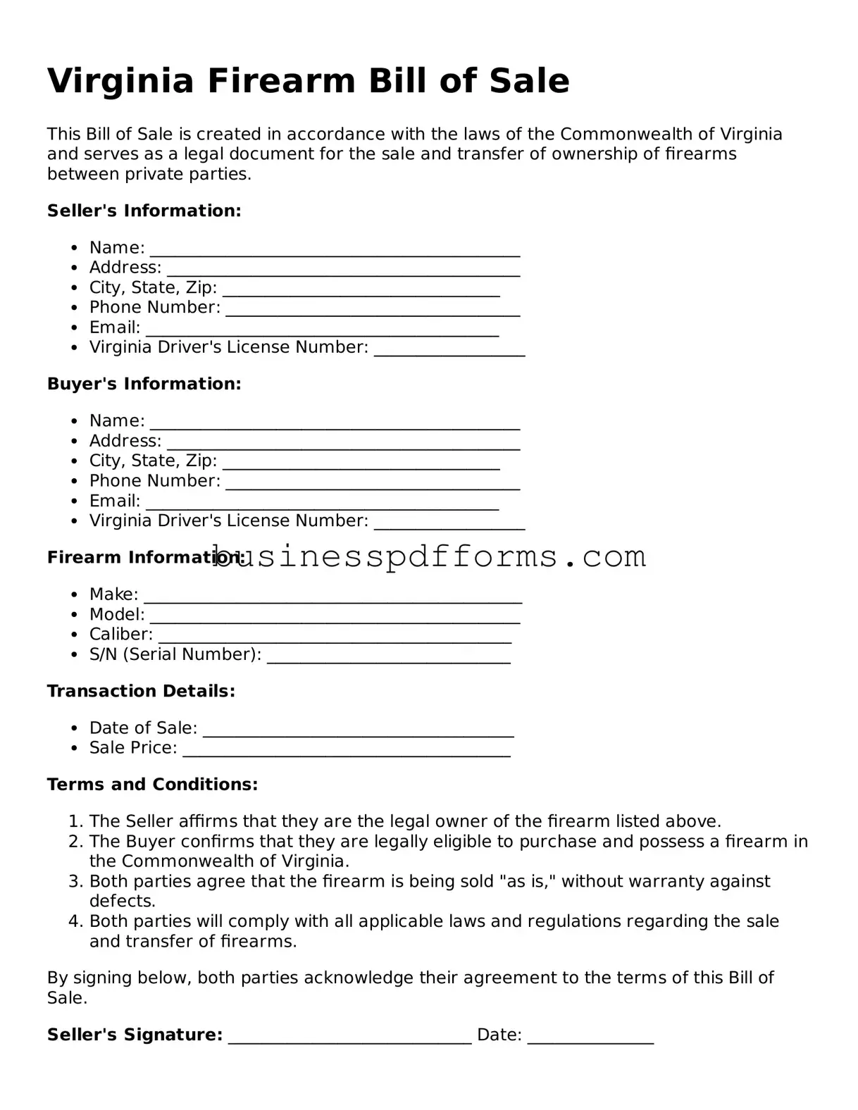 Free Virginia Firearm Bill of Sale Template
