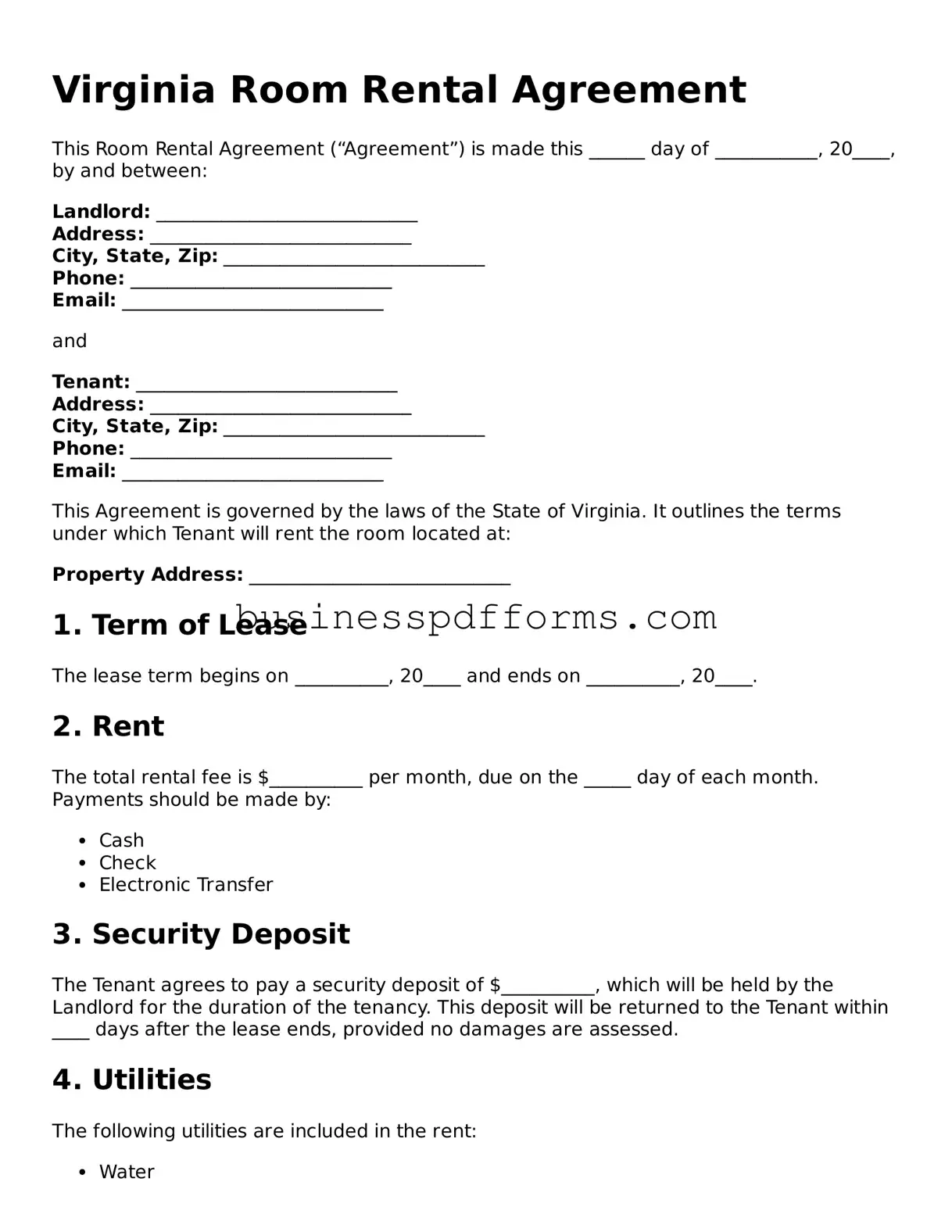 Free Virginia Room Rental Agreement Template