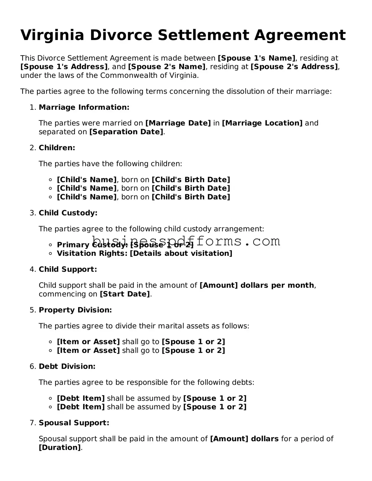 Free Virginia Divorce Settlement Agreement Template
