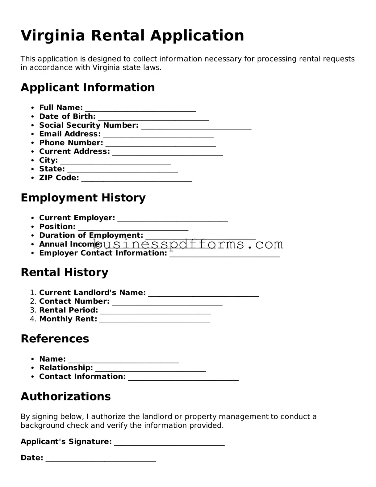 Free Virginia Rental Application Template