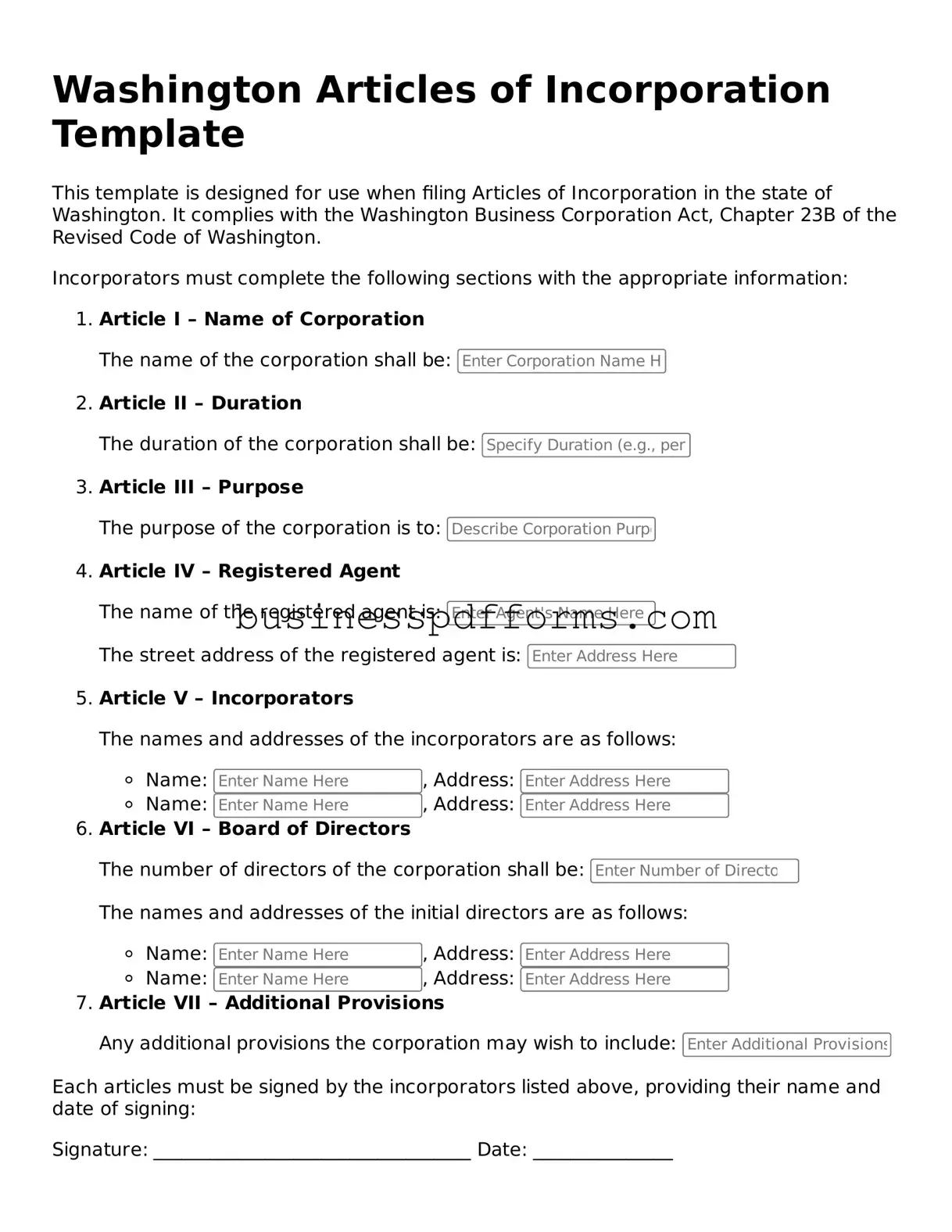 Free Washington Articles of Incorporation Template