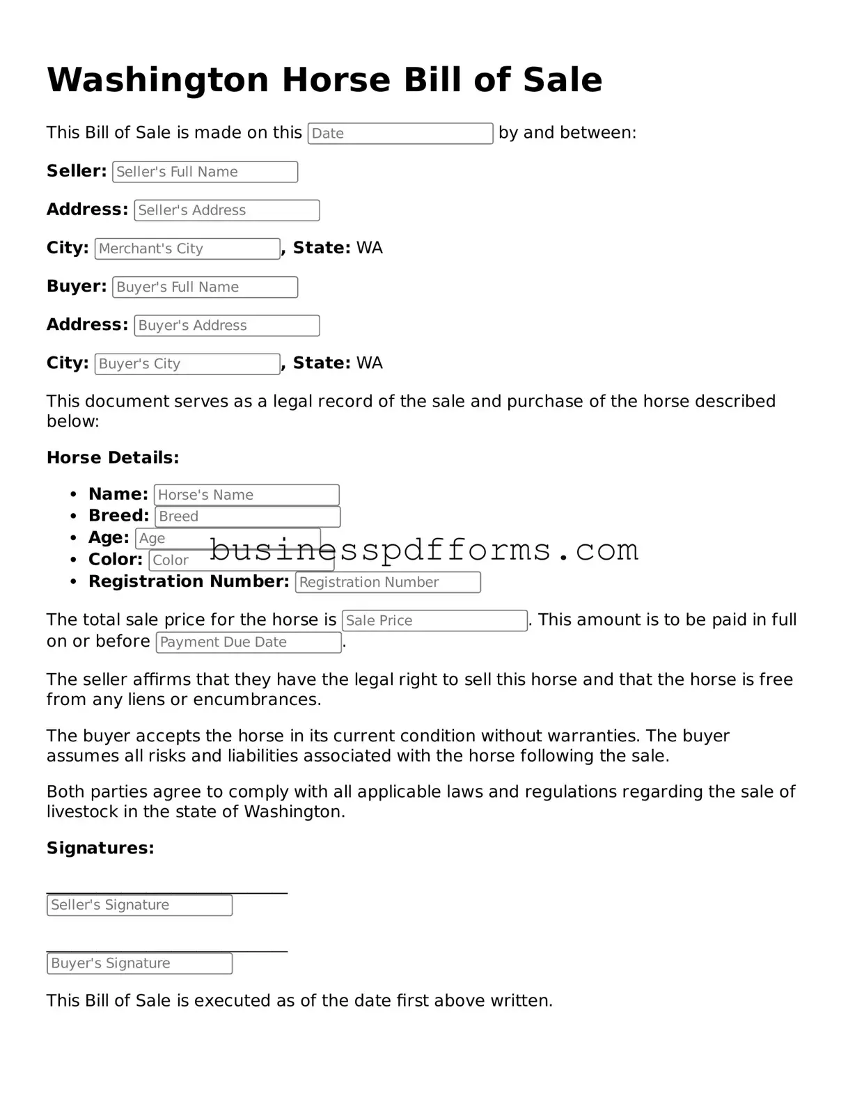 Free Washington Horse Bill of Sale Template