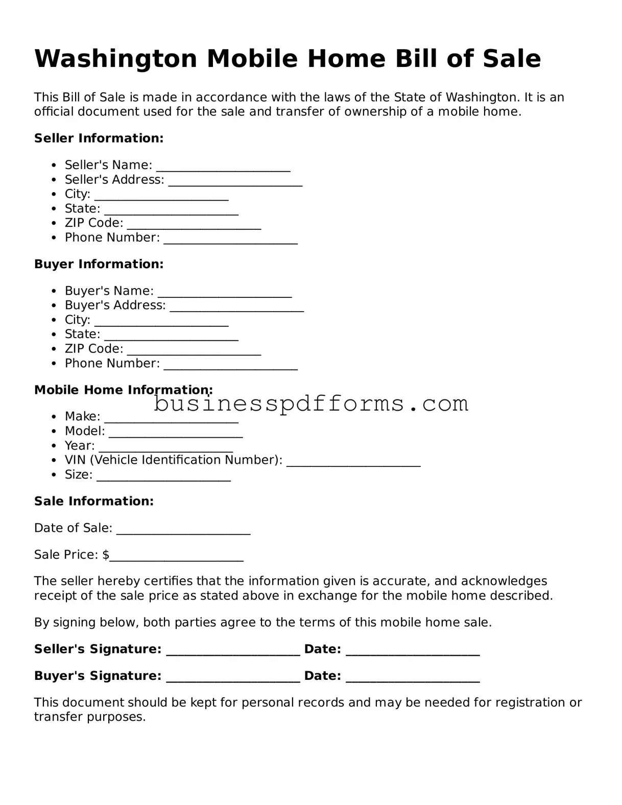 Free Washington Mobile Home Bill of Sale Template