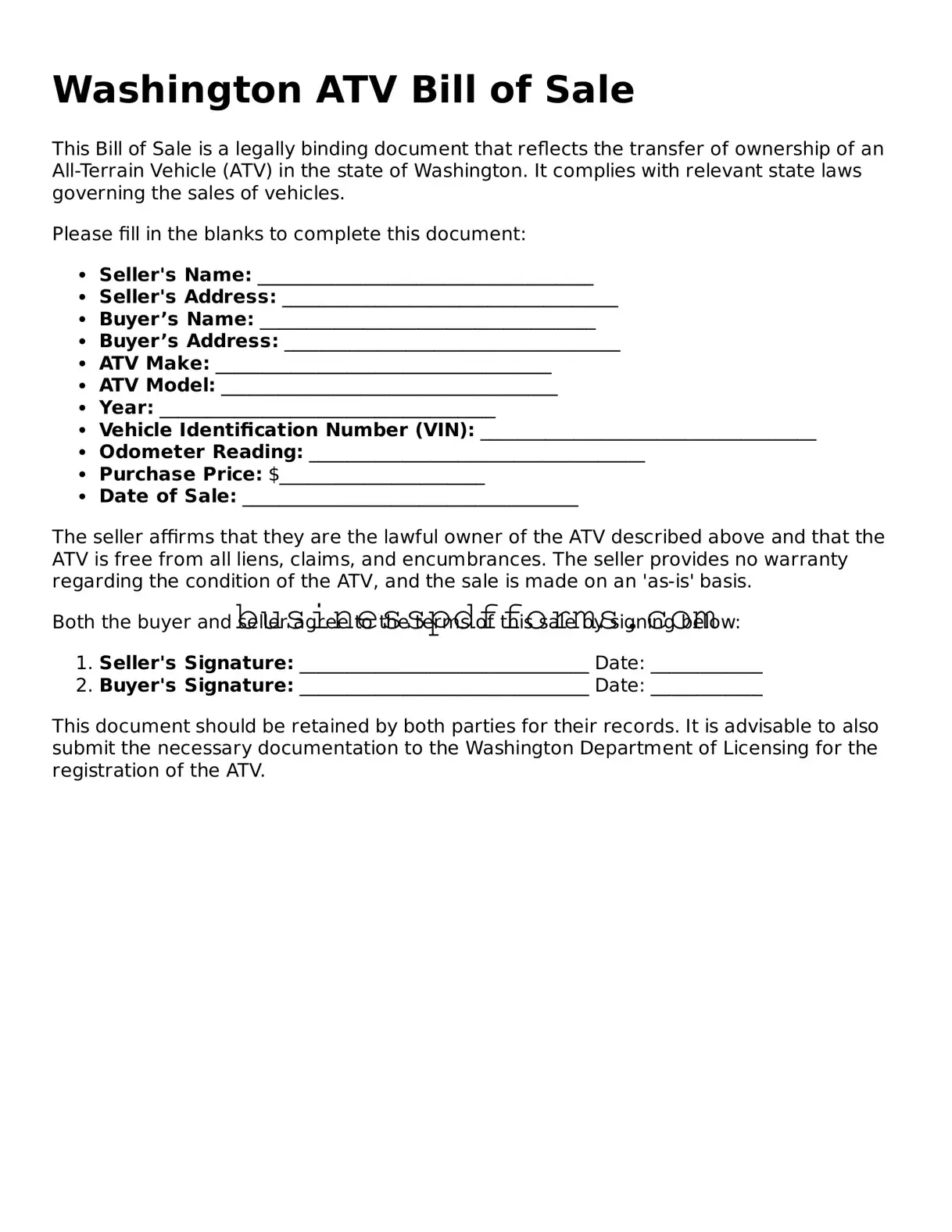 Free Washington ATV Bill of Sale Template