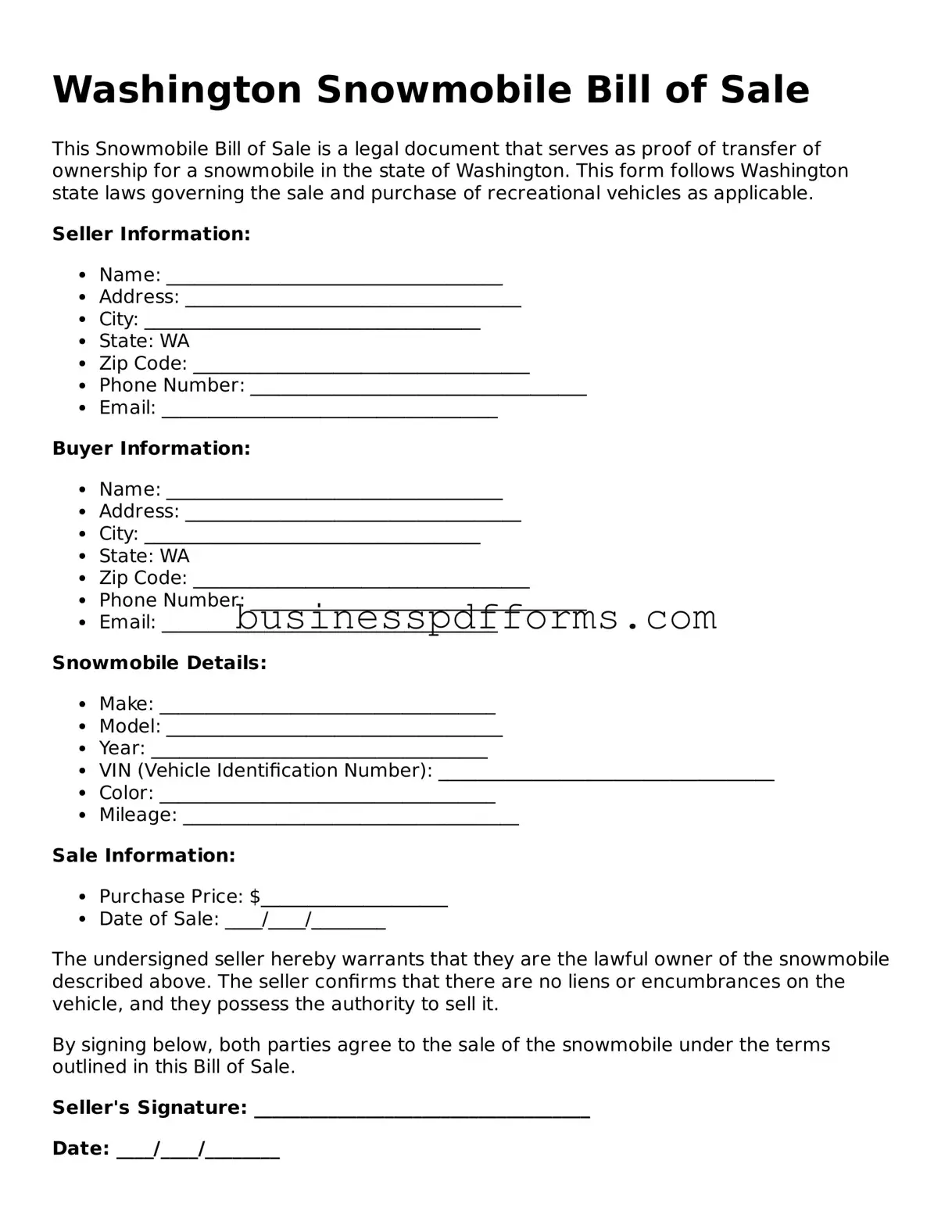 Free Washington Snowmobile Bill of Sale Template