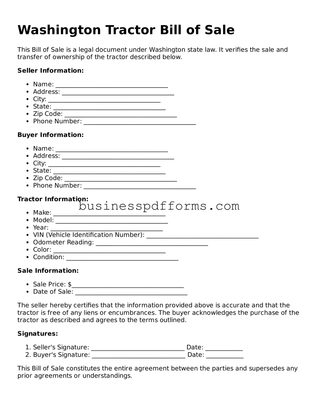 Free Washington Tractor Bill of Sale Template