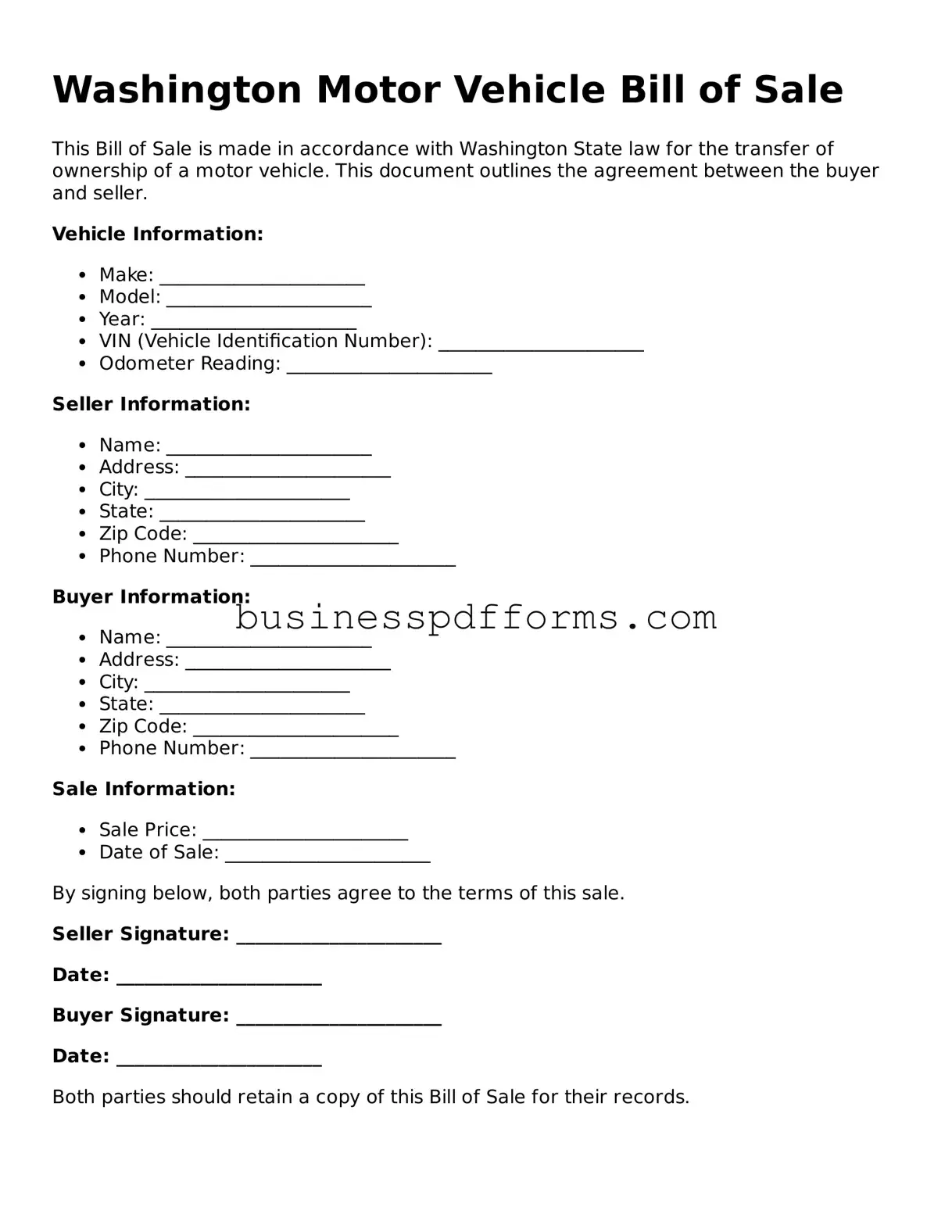 Free Washington Motor Vehicle Bill of Sale Template