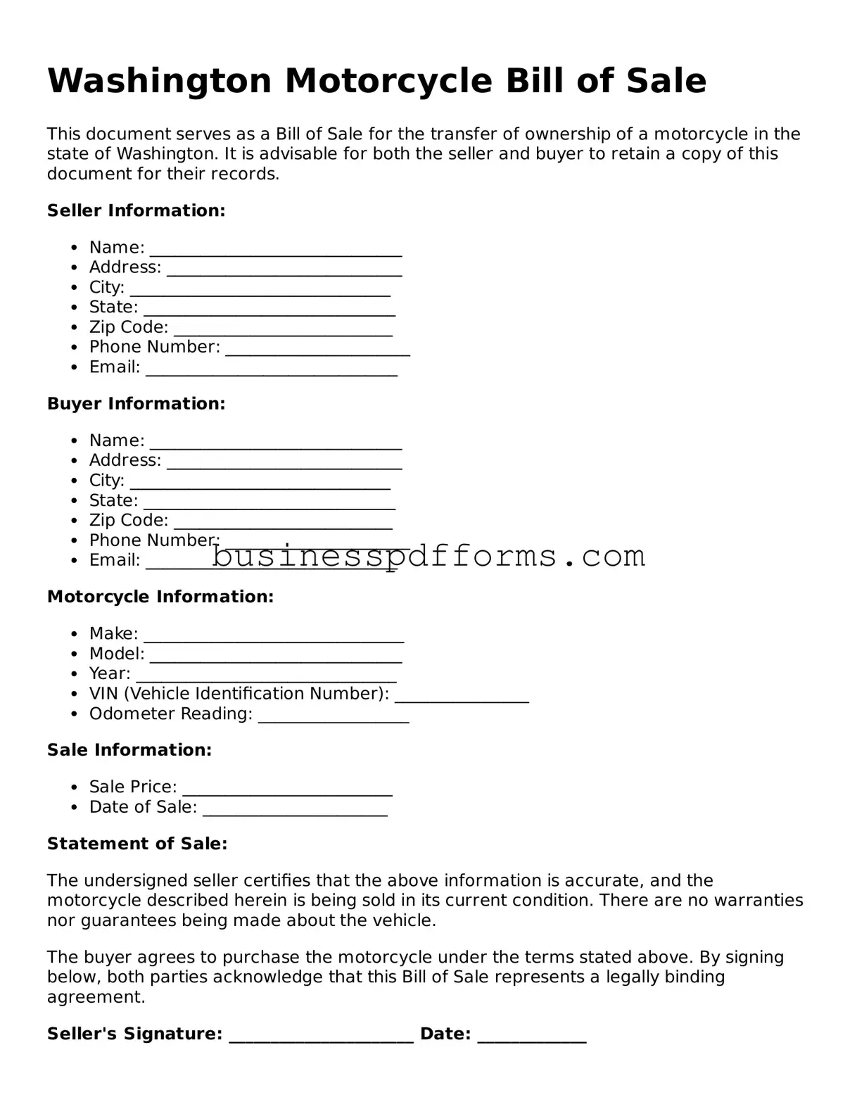 Free Washington Motorcycle Bill of Sale Template