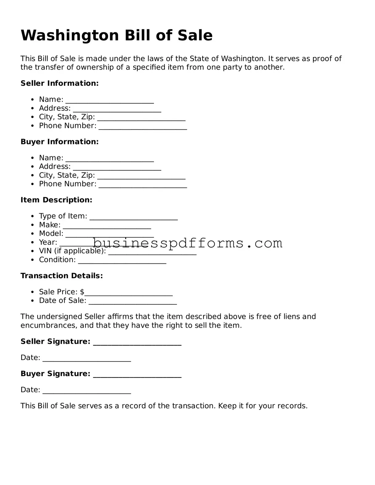 Free Washington Bill of Sale Template