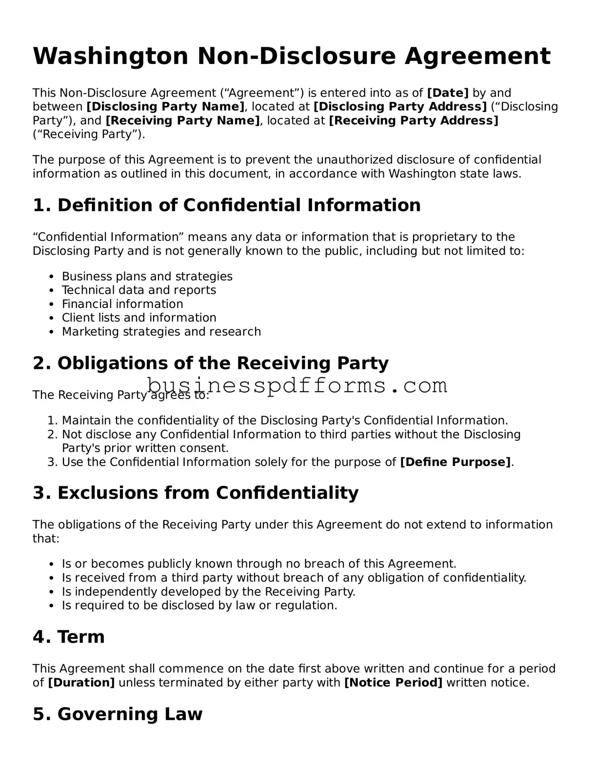 Free Washington Non-disclosure Agreement Template