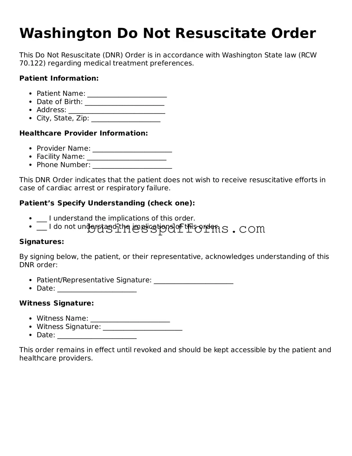 Free Washington Do Not Resuscitate Order Template