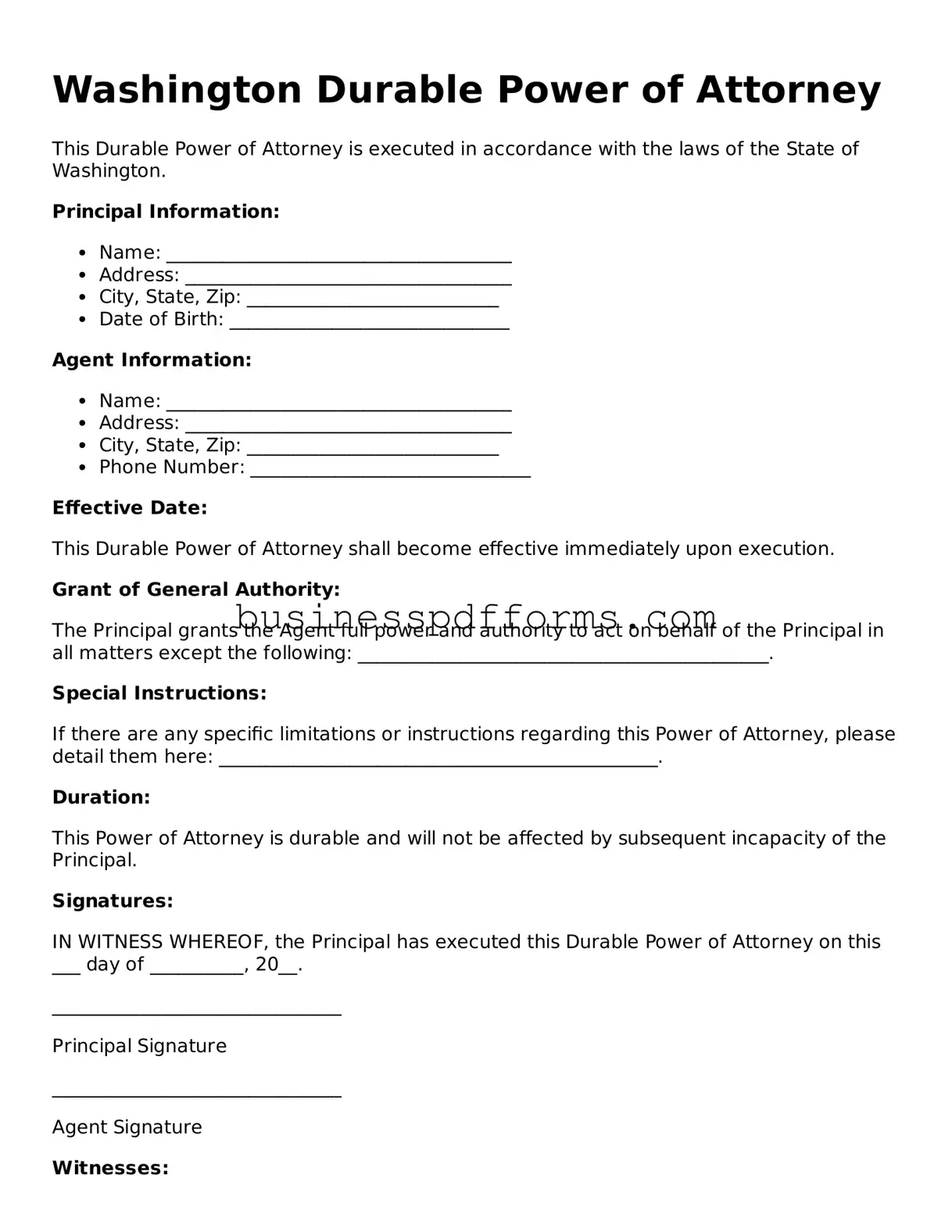 Free Washington Durable Power of Attorney Template
