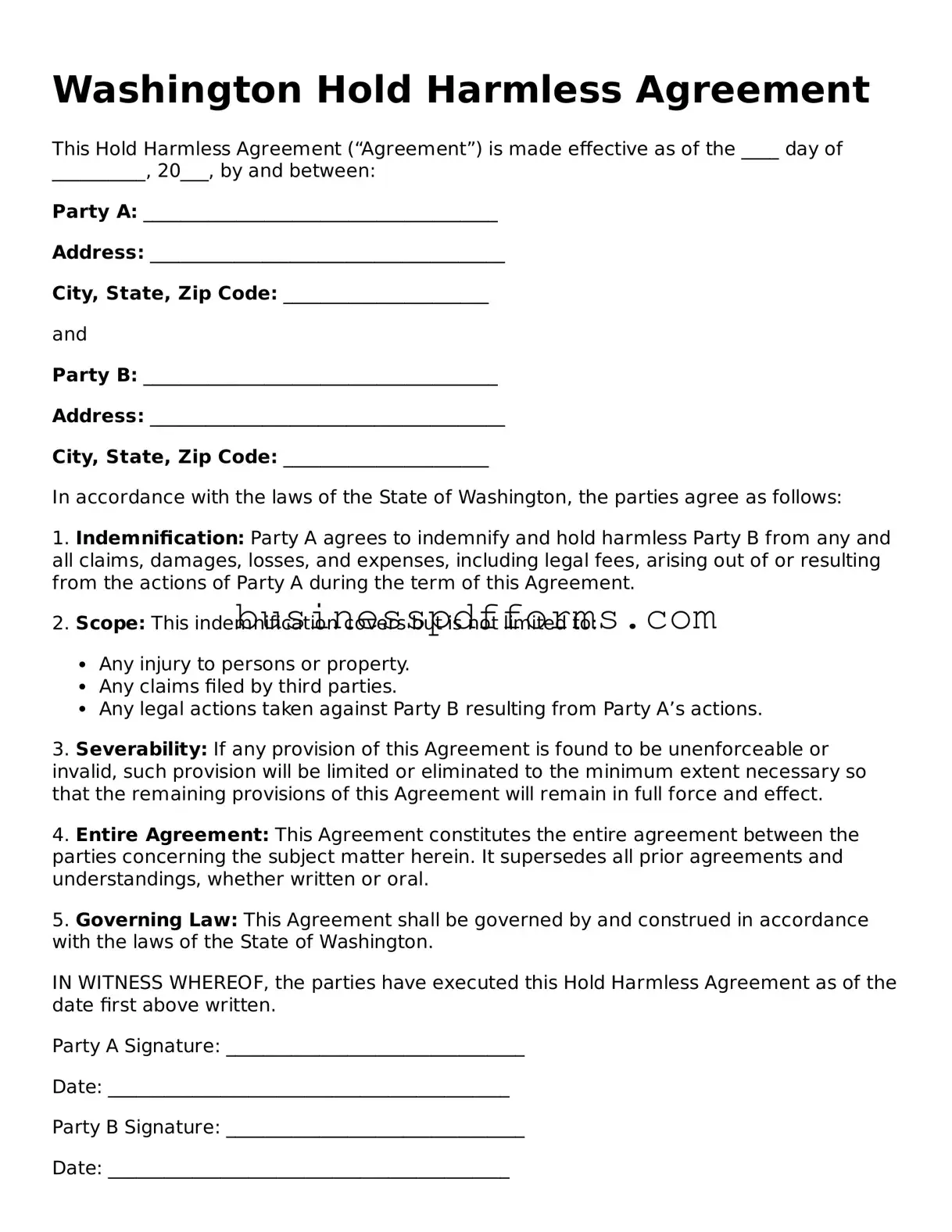 Free Washington Hold Harmless Agreement Template