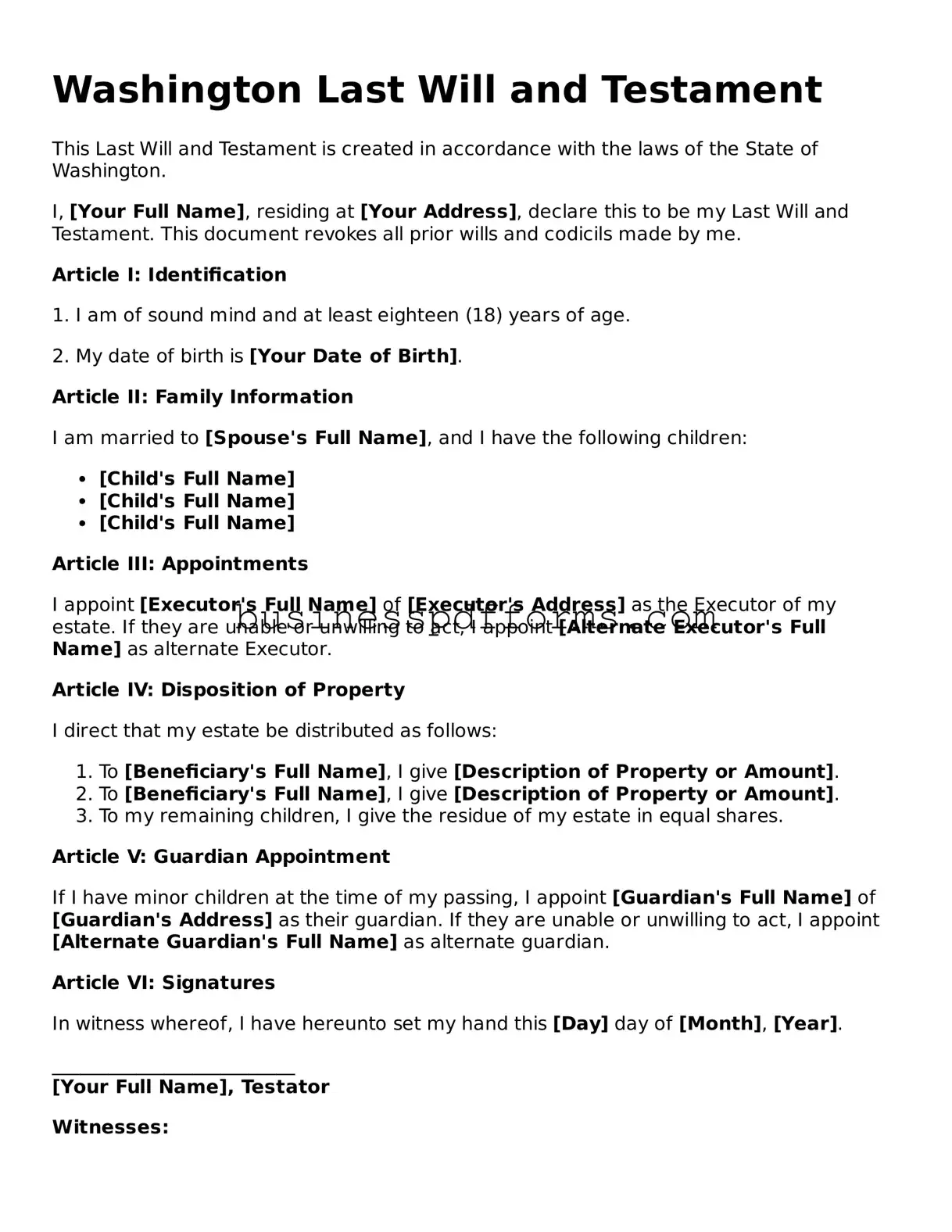 Free Washington Last Will and Testament Template