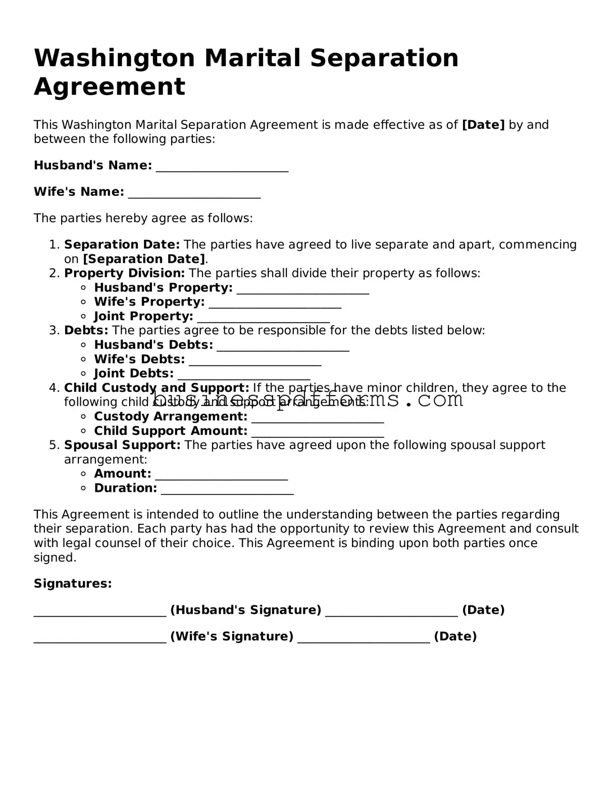 Free Washington Marital Separation Agreement Template
