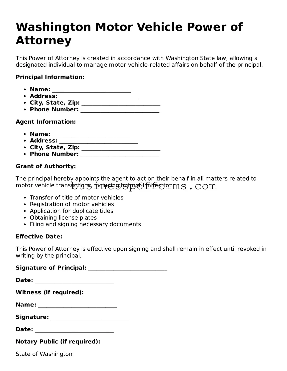 Free Washington Motor Vehicle Power of Attorney Template