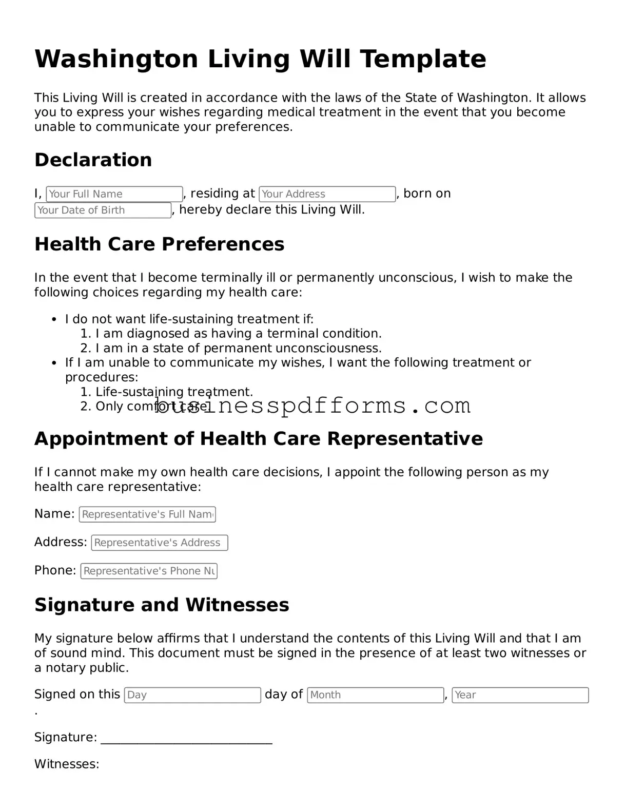 Free Washington Living Will Template