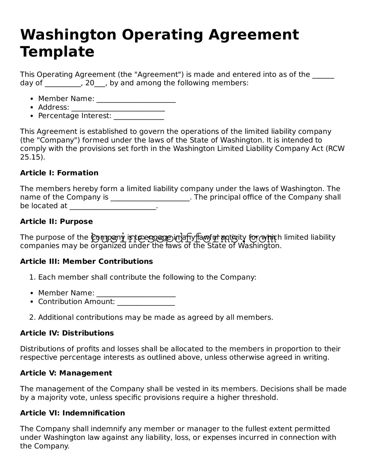 Free Washington Operating Agreement Template