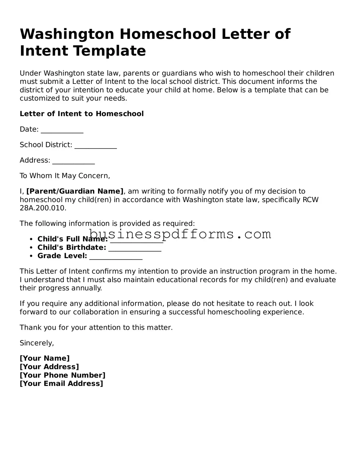 Free Washington Homeschool Letter of Intent Template