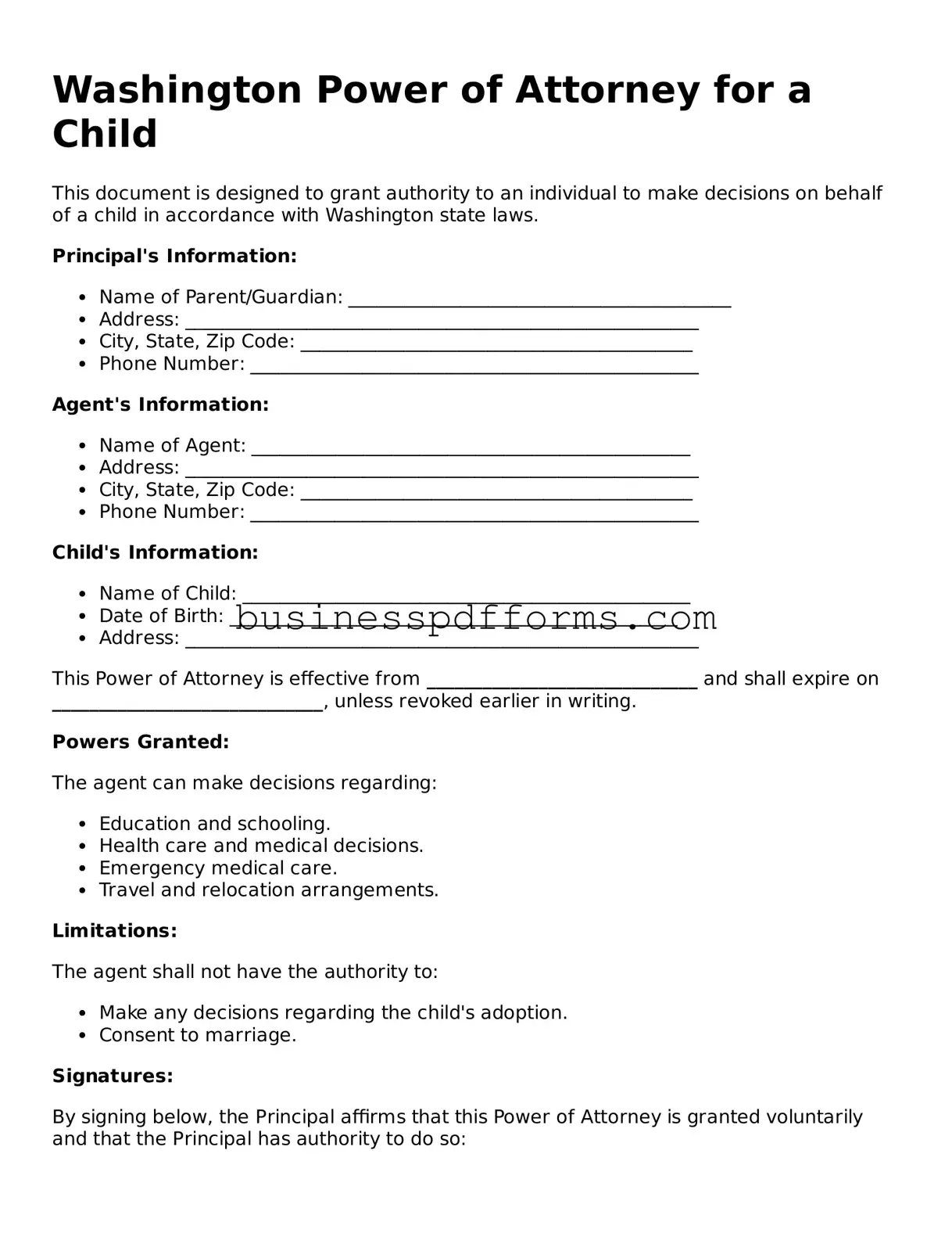 Free Washington Power of Attorney for a Child Template