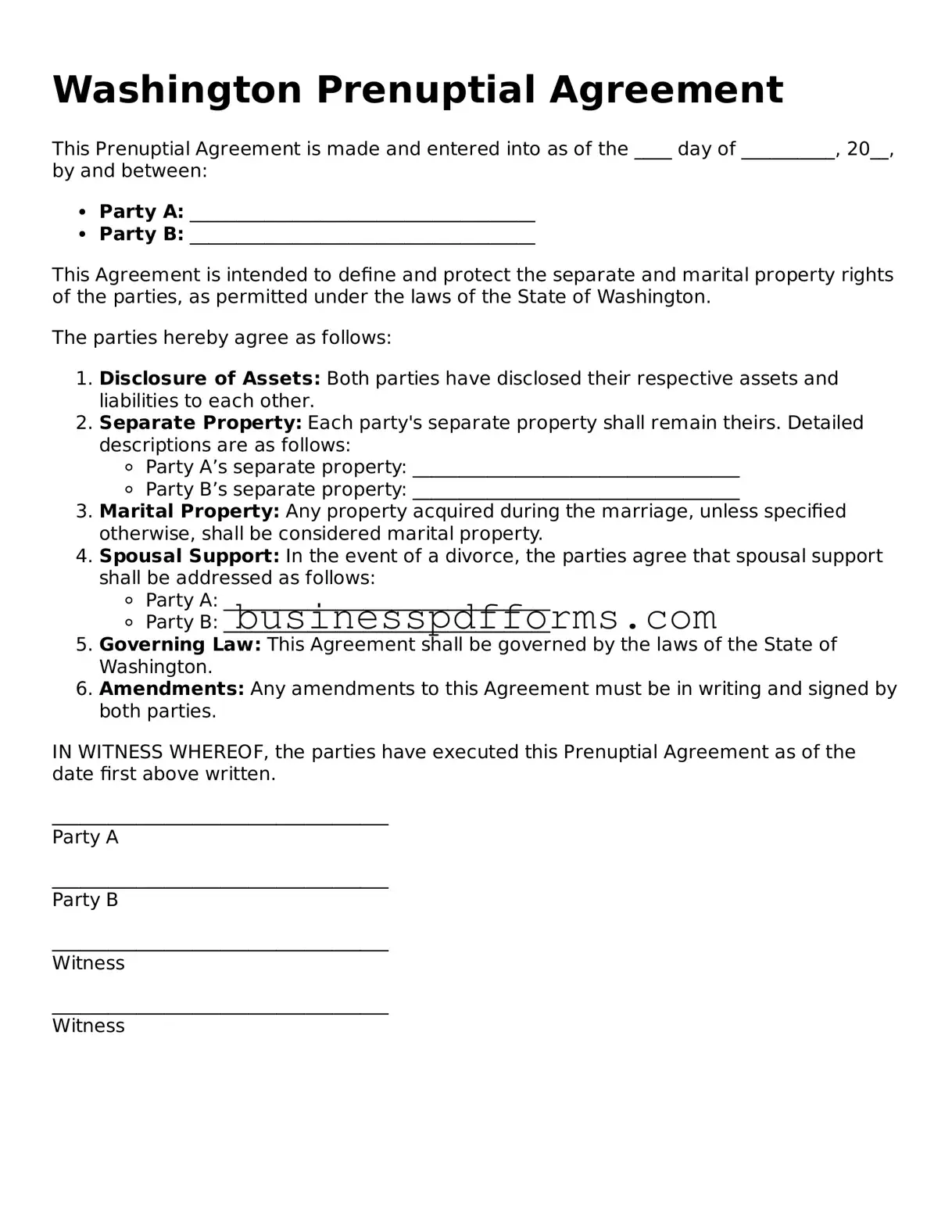 Free Washington Prenuptial Agreement Template