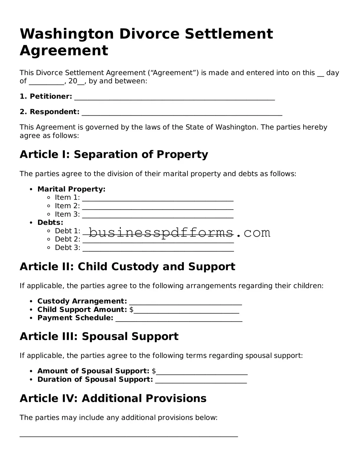 Free Washington Divorce Settlement Agreement Template