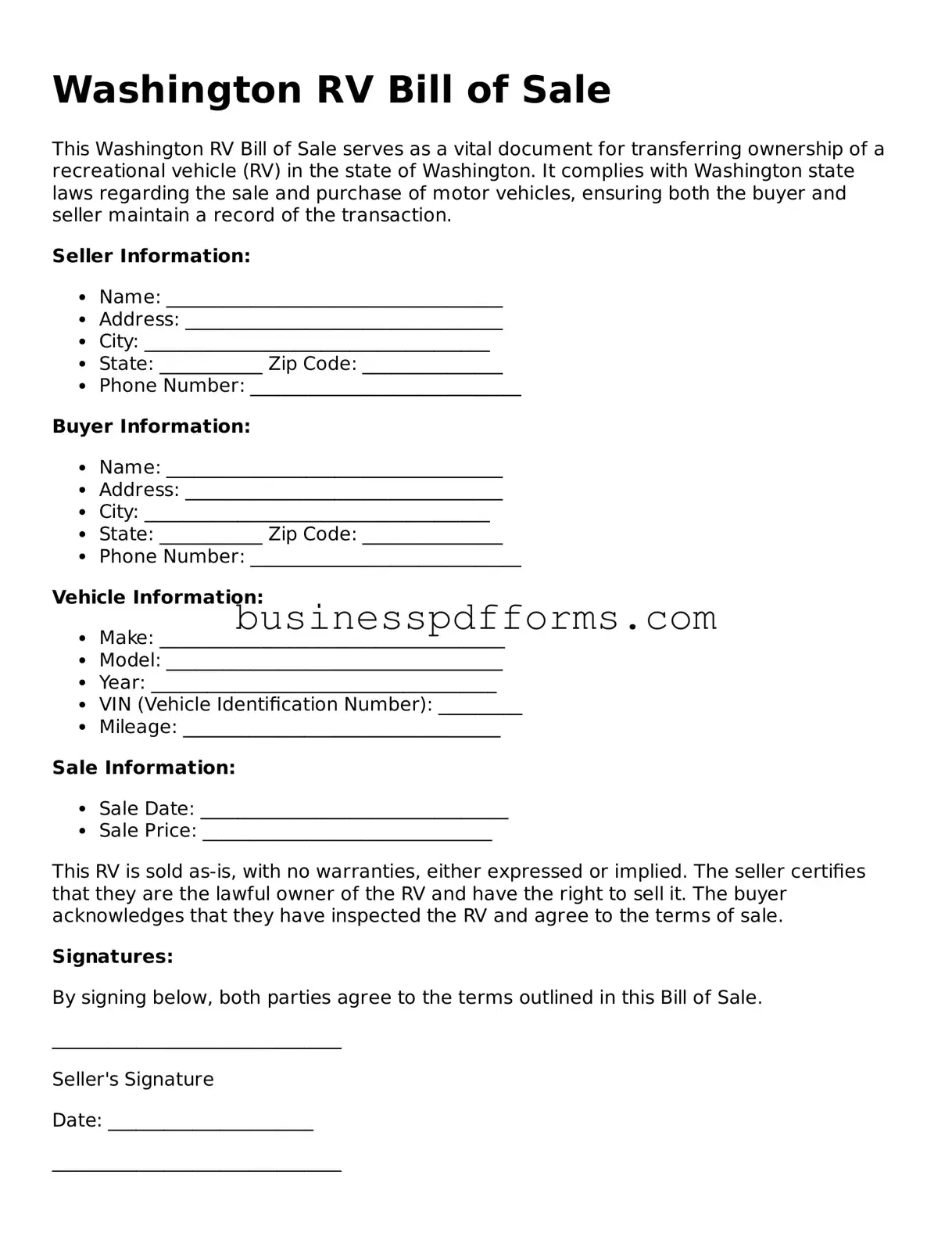 Free Washington RV Bill of Sale Template