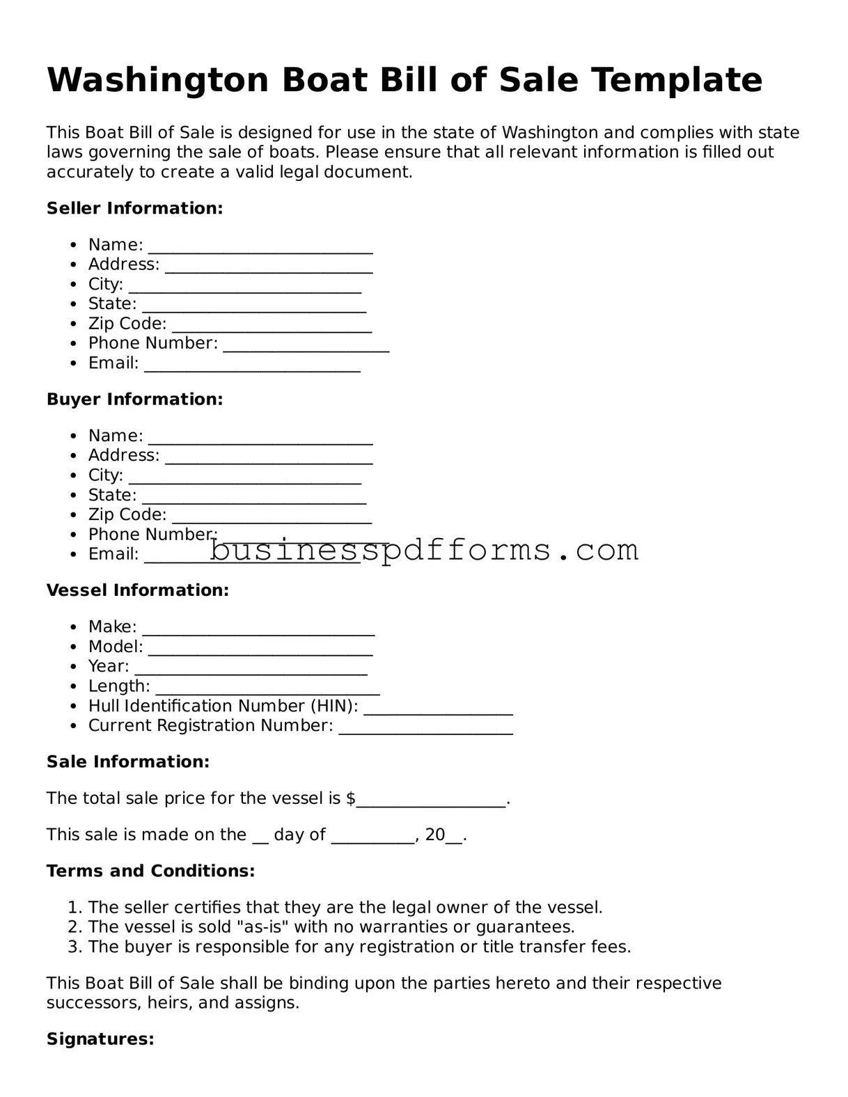Free Washington Boat Bill of Sale Template