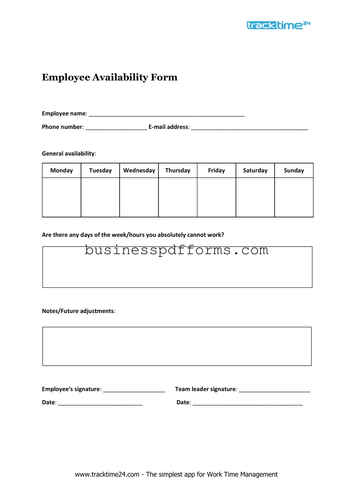 Fill in Your Employee Availability Template