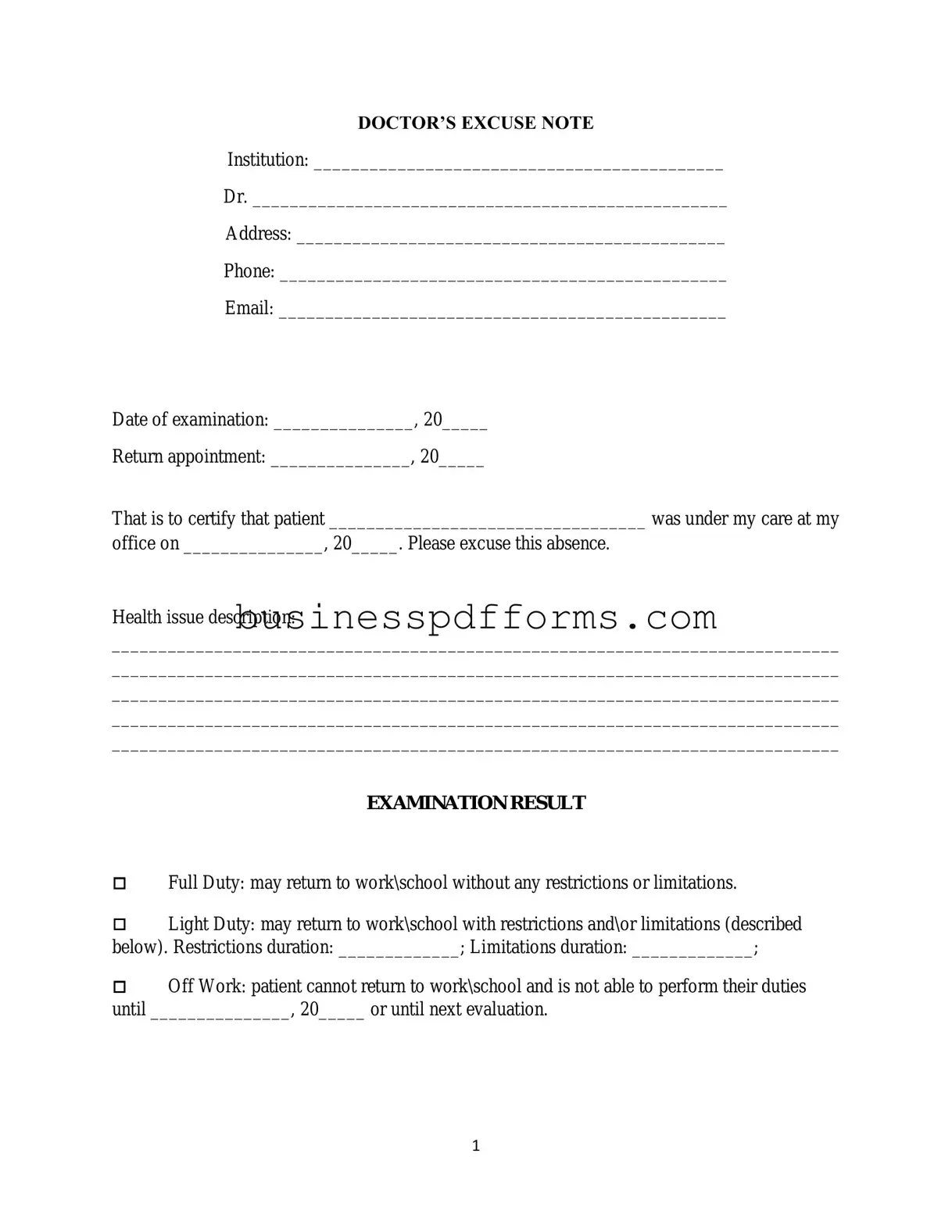 Fill in Your Doctors Excuse Note Template